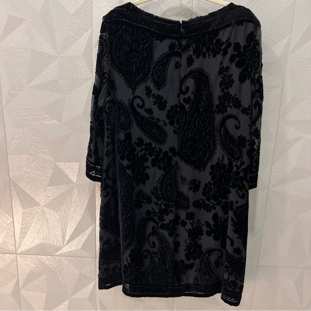 Donna Morgan Burnout Paisley Dress Black Rayon Silk Velvet Shift Lined Size 16 - Picture 6 of 9